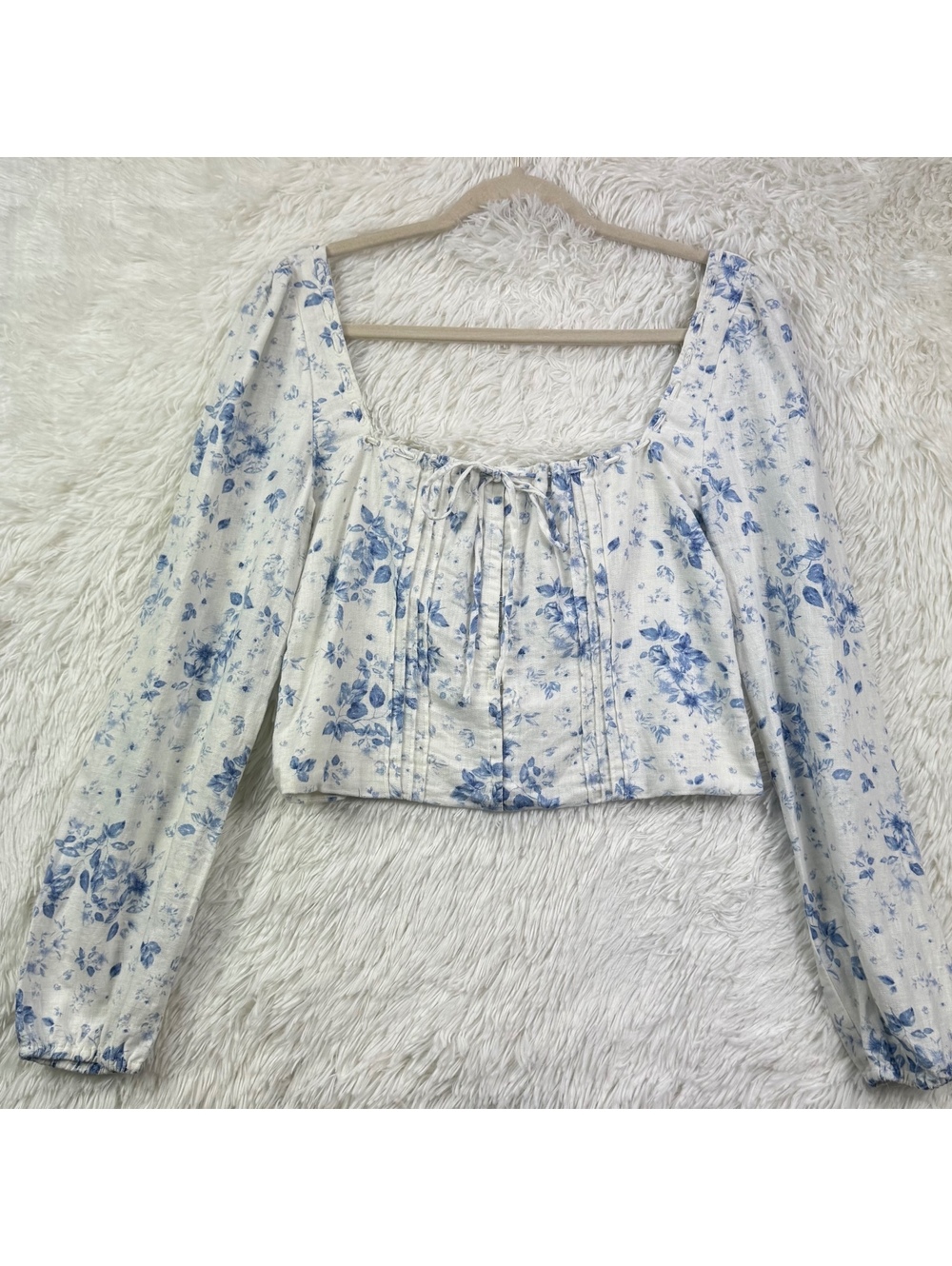 Joie Blue Floral Corset Smocked Long Sleeve Crop Top Size M